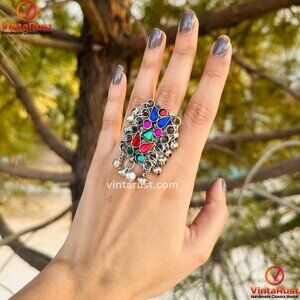 Afghan Multicolor Glass Stones Kuchi Ring, Afghan Statement Ring With Beads,